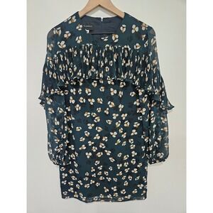 Donna Morgan Teal Floral Ruffle Pleated Mini Dress Long Sleeve Size 4